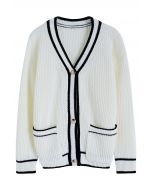 Contrast Line Patch Pocket Waffle Knit Cardigan in White