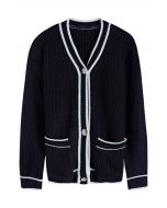 Contrast Line Patch Pocket Waffle Knit Cardigan in Black