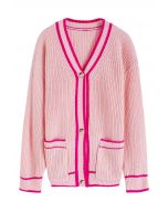 Contrast Line Patch Pocket Waffle Knit Cardigan in Pink