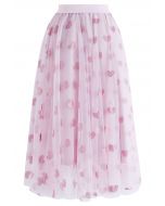 Shimmering Hearts Mesh Tulle Midi Skirt in Pink