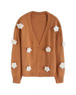 3D Stitch Flower Open Front Knit Cardigan in Tan