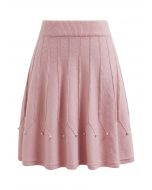 Silver Bead Embellished Seam Knit Skirt in Pink