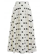 Texture Polka Dot Printed Pleated Maxi Skirt in Cream