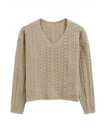 V-Neck Pointelle Knit Sweater in Light Tan