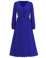 V-Neck Twisted Front Pleated Dress in Indigo