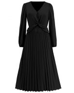 V-Neck Twisted Front Pleated Dress in Black