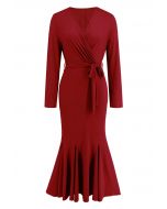 Surplice Neck Tie Waist Mermaid Dress in Red