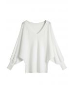 V-Neck Batwing Sleeves Pullover Knit Sweater in White