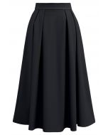 Faux Leather Pleated Flare Midi Skirt in Black
