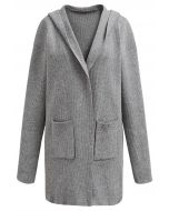 Patch Pockets Open Front Hooded Cardigan in Grey