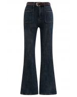 Patch Pockets Belted Flare Jeans