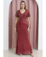 Ravishing V-Neck Sequined Mermaid Gown in Burgundy