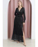 Radiant Sequin Faux-Wrap Split Maxi Gown in Black