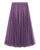 Ravishing Sequins Mesh Tulle Midi Skirt in Purple