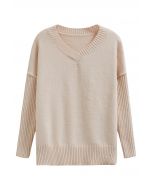 Dropped Shoulder Side Slit Slouchy Knit Sweater in Cream