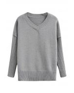 Dropped Shoulder Side Slit Slouchy Knit Sweater in Grey