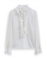 Luscious Ruffle Spliced Plisse Sleeves Top in White