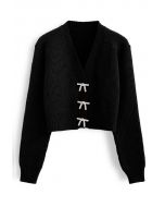 Bowknot Brooch Button Up Crop Knit Cardigan in Black