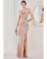 One-Shoulder Front Slit Sequined Maxi Gown in Champagne