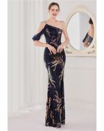 One-Shoulder Front Slit Sequined Maxi Gown in Navy