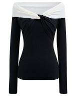 Contrast Twisted Shoulder Long Sleeves Knit Top