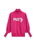 Merry Turtleneck Batwing Sleeve Knit Sweater in Hot Pink