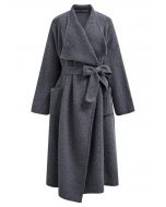 Wide Lapel Tie Waist Longline Knit Cardigan in Smoke