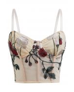 Red Rose Embroidered Mesh Bustier Top