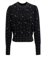 Pearl Embellished Puff Sleeve Knit Sweater in Black