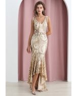 V-Neck Sequined Sleeveless Mermaid Gown in Champagne