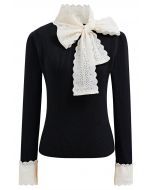 Embroidered Eyelet Bowknot Ribbed Knit Top in Black