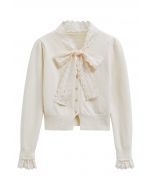 Embroidered Eyelet Bowknot Heart Button Fuzzy Knit Cardigan in Cream