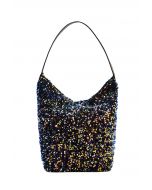 Faux Leather Full Sequin Bucket Bag in Navy