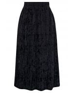 3D Floret Shimmer Fringe Velvet Midi Skirt in Black