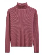 Versatile Turtleneck Ribbed Knit Sweater in Berry