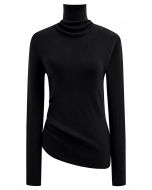 Side Pleat High Neck Ribbed Knit Top in Black