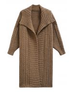 Flap Collar Cable Knit Longline Cardigan in Brown