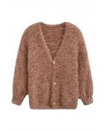 Coziness Shimmer Fuzzy Knit Buttoned Cardigan in Coral