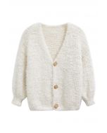 Coziness Shimmer Fuzzy Knit Buttoned Cardigan in Cream