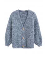 Coziness Shimmer Fuzzy Knit Buttoned Cardigan in Dusty Blue