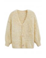 Coziness Shimmer Fuzzy Knit Buttoned Cardigan in Light Yellow