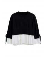 Tie-String Cuffs Spliced Cotton Hem Knit Top in Black