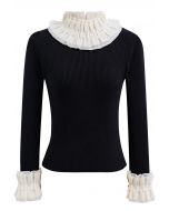 Pearl Ruffle Organza Adorned Knit Top in Black
