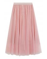 Ravishing Sequins Mesh Tulle Midi Skirt in Pink