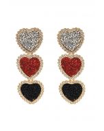 Triple-Color Heart Rhinestone Earrings in Black