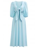 Self-Tie Knot Puff Sleeve Linen-Blend Dress