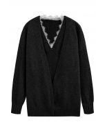 Lacy V-Neck Sleeveless Top and Cardigan Set in Black