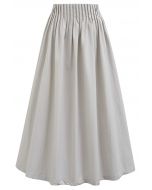 Casual Pleated Waist Cotton Maxi Skirt in Ivory