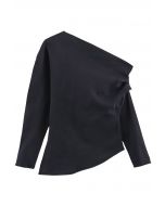 Asymmetric Ruched Detail Long Sleeves Top in Black