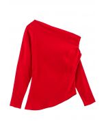 Asymmetric Ruched Detail Long Sleeves Top in Red